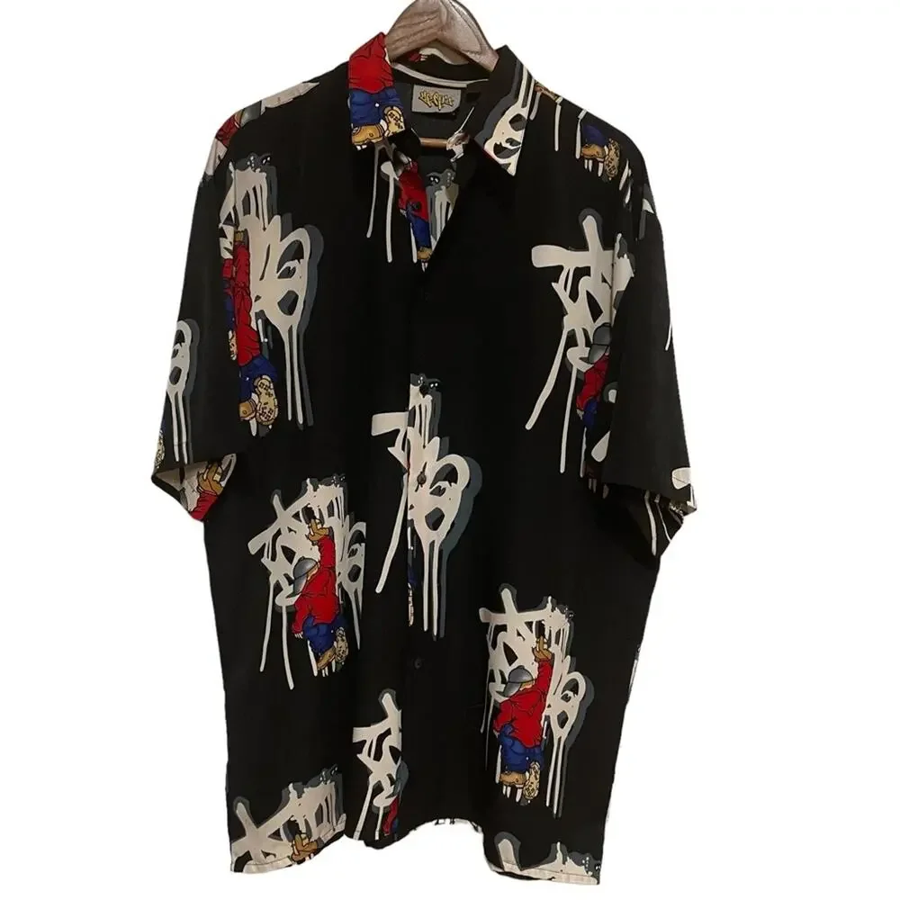 Up Ro's Button Down‎ Shirt Mens Large Black Graffiti Character Streetwear Top